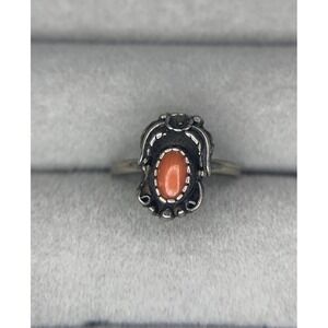 Tiny Vintage Navajo Native Coral Silver Ring Size 4.5